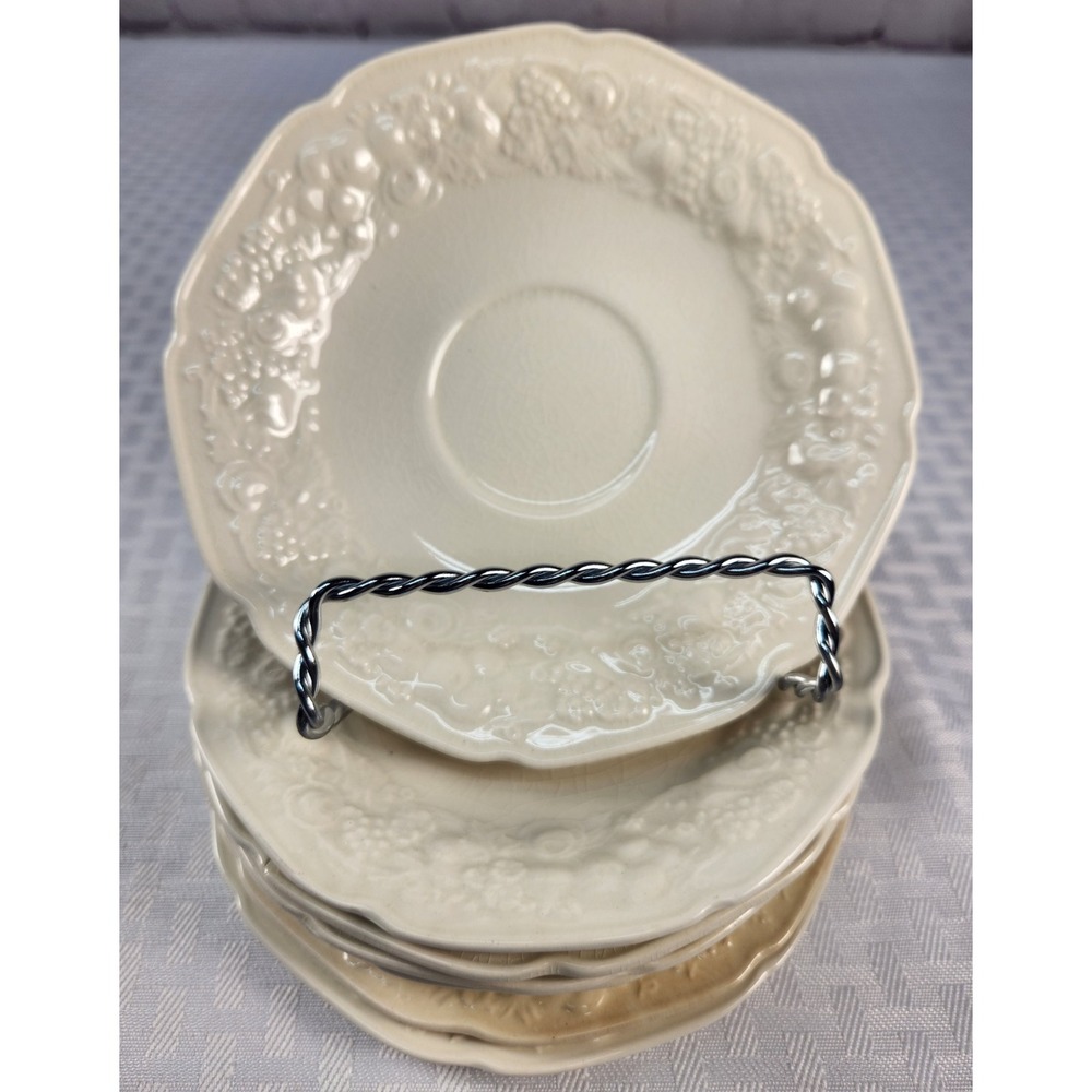 Vintage Crown Ducal Florentine Cream 7 Pcs Saucers/ Bread Embossed Fruit Floral